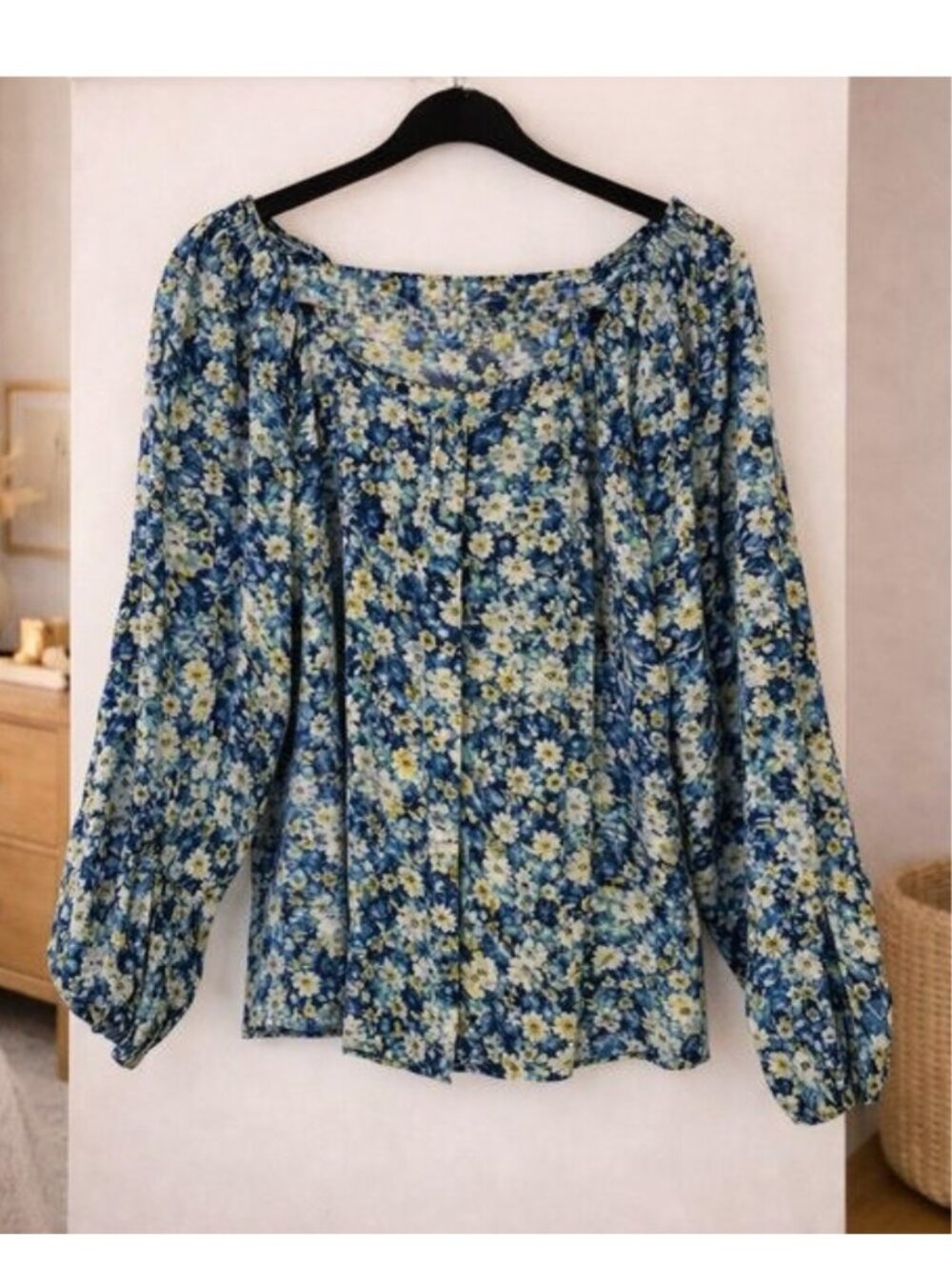 Ann Taylor Floral Boho Top Off Shoulder Peasant Blouse NWT Blue Yellow Size M